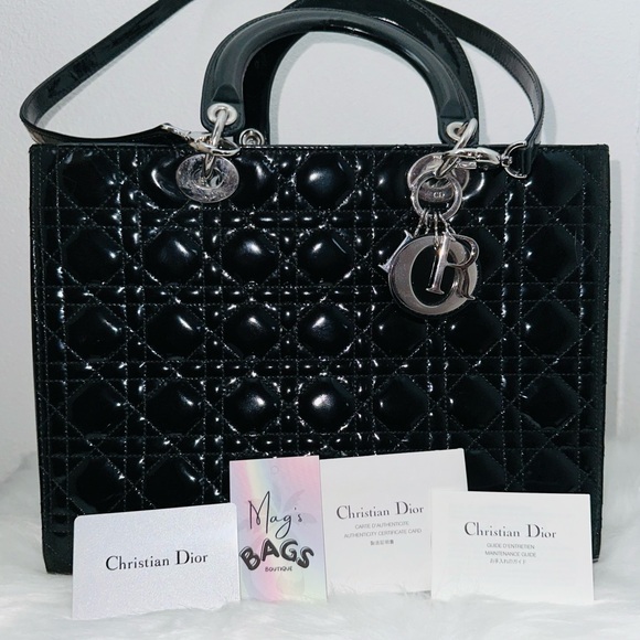 Dior: Lady Dior Charms Patent Enamel Cannage Lambskin Shoulder Handbag (Black) - Picture 14 of 16